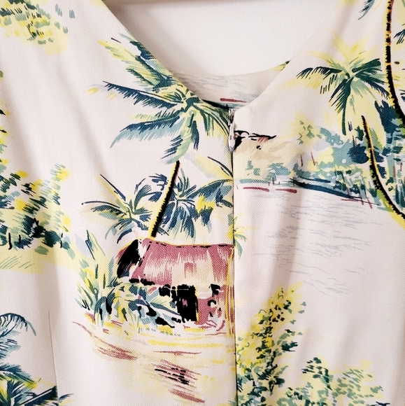 Tiki Classics 100% Silk Summer Dress Beige Palm Tree and Canoe Print Size L - Picture 6 of 8